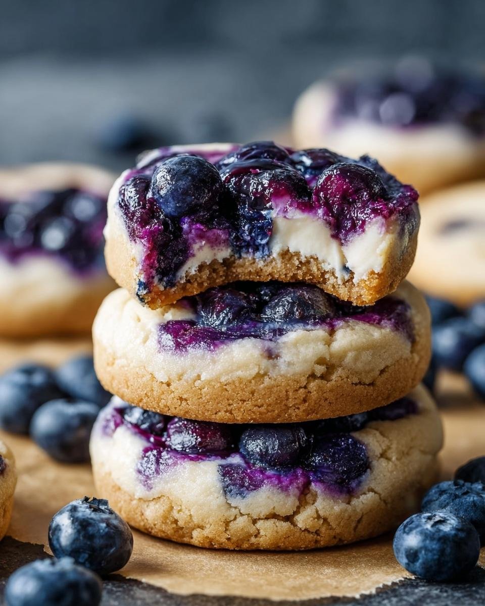 Cookies Cheesecake Myrtilles : 5 secrets pour le succès 4 Gros plan d'une pile de Cookies Cheesecake Myrtilles, avec une bouchée prise dans le cookie du dessus.