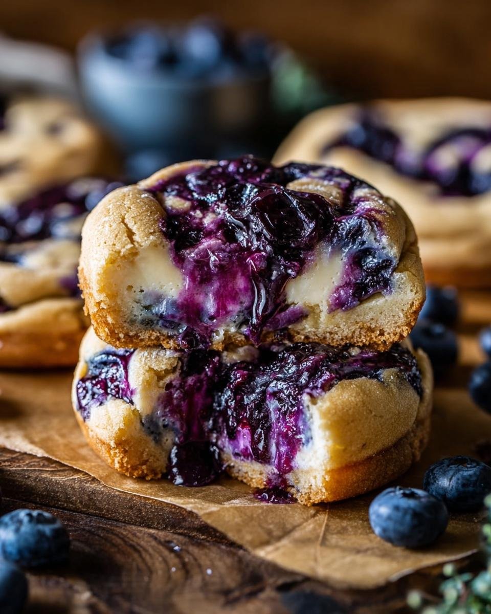 Cookies Cheesecake Myrtilles : 5 secrets pour le succès 3 Gros plan sur des Cookies Cheesecake Myrtilles empilés, révélant le cœur crémeux et la garniture de myrtilles coulante.