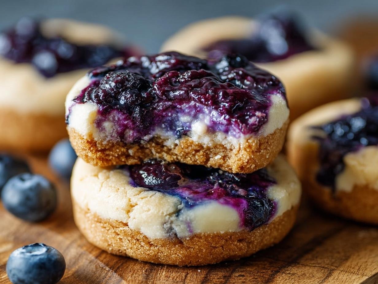 Gros plan sur des cookies cheesecake aux myrtilles empilés, garnis de myrtilles fraîches.