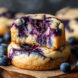 Gros plan sur des Cookies Cheesecake aux Myrtilles empilés, avec des myrtilles fraîches.