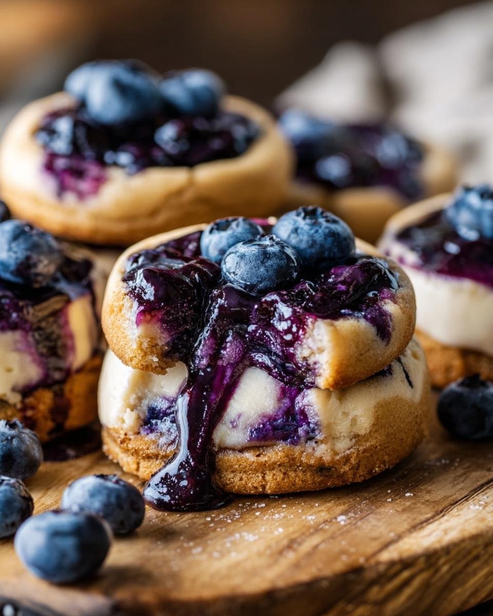 Cookies Cheesecake Myrtilles : 5 secrets pour le succès 2 Gros plan sur des cookies cheesecake aux myrtilles dégoulinant de coulis et garni de myrtilles fraîches.