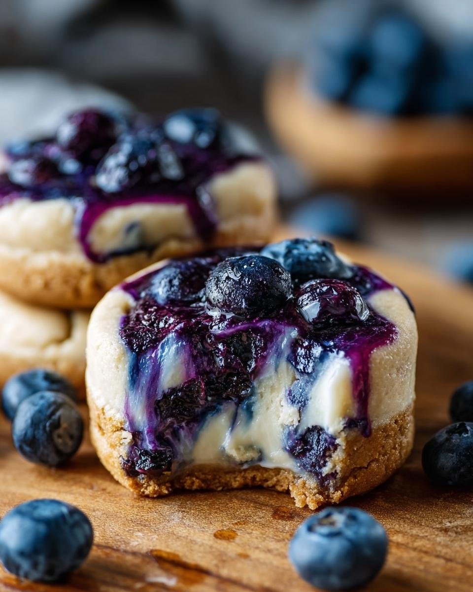 Cookies Cheesecake Myrtilles : 5 secrets pour le succès 1 Gros plan sur un cookie cheesecake aux myrtilles dégoulinant de coulis de myrtilles et garni de fruits frais.