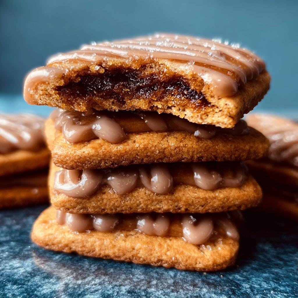 Gros plan d'une pile de Cookies Pop-Tarts au Sucre Brun, glacés et garnis de crème.