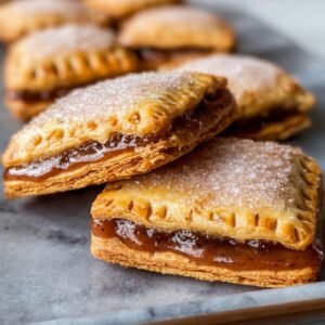 Gros plan sur des Cookies Pop-Tarts au Sucre Brun faits maison, garnis d'une confiture dorée et saupoudrés de sucre.