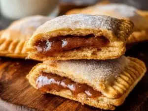 Gros plan de deux Cookies Pop-Tarts au Sucre Brun empilés, saupoudrés de sucre glace, avec une garniture coulante.