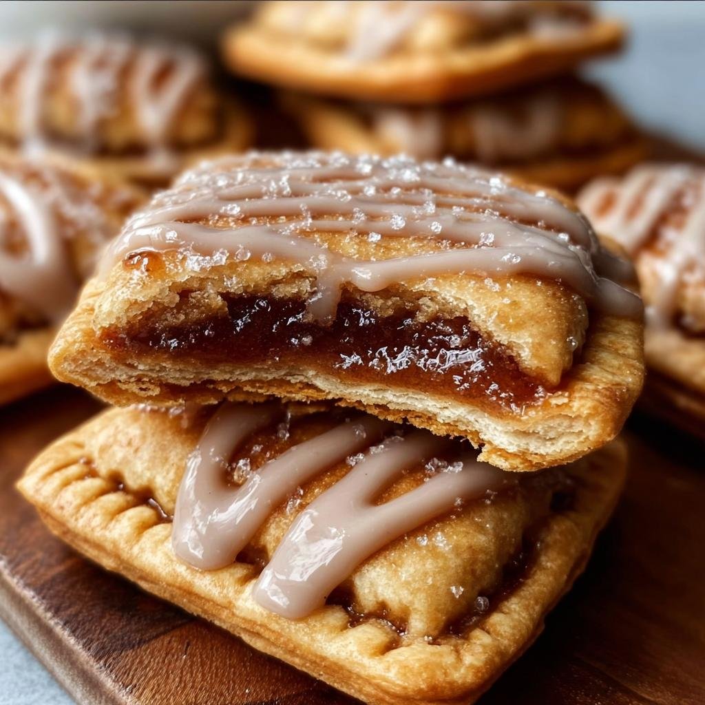 Gros plan sur des Cookies Pop-Tarts Sucre Brun faits maison, empilés, avec un glaçage et des cristaux de sucre.