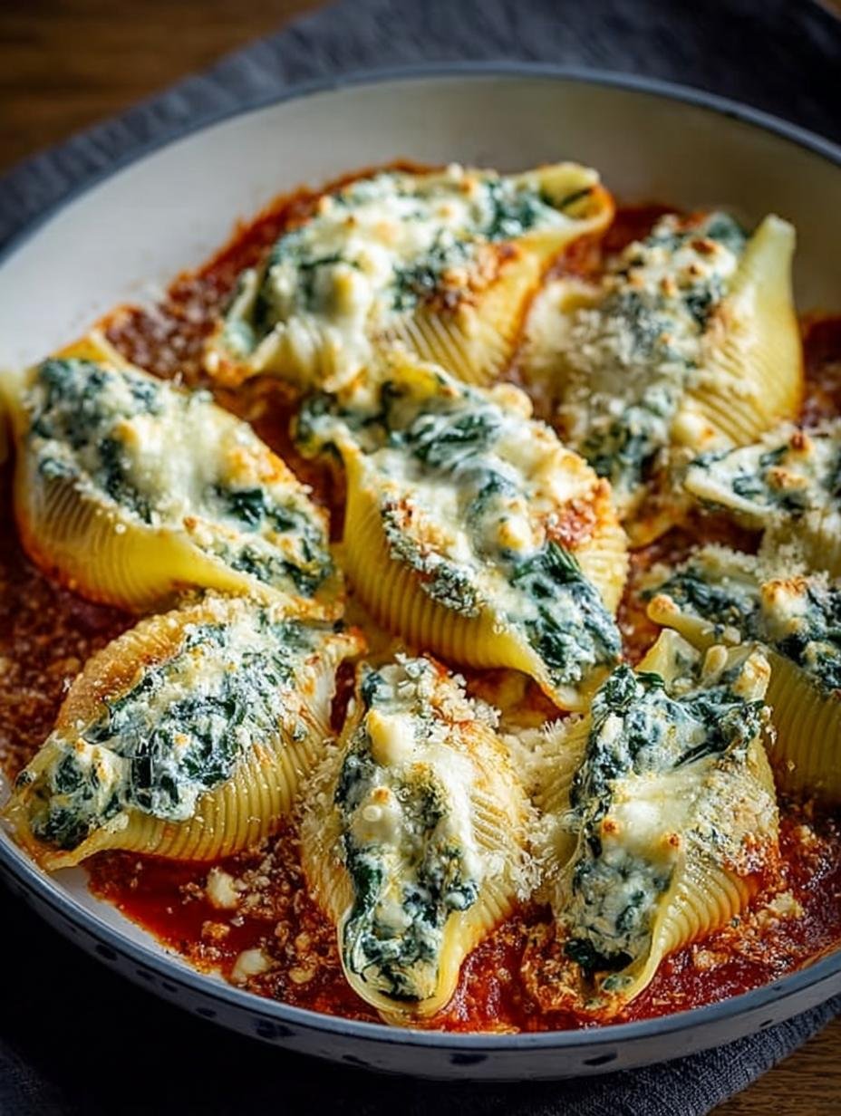 Coquilles farcies : 1 recette réconfortante 2 Gros plan de coquilles farcies épinards ricotta, gratinées au fromage et baignant dans une sauce tomate.