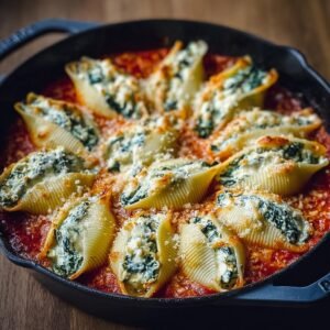 Gros plan de coquilles farcies épinards ricotta dans une sauce tomate, garnies de parmesan râpé.