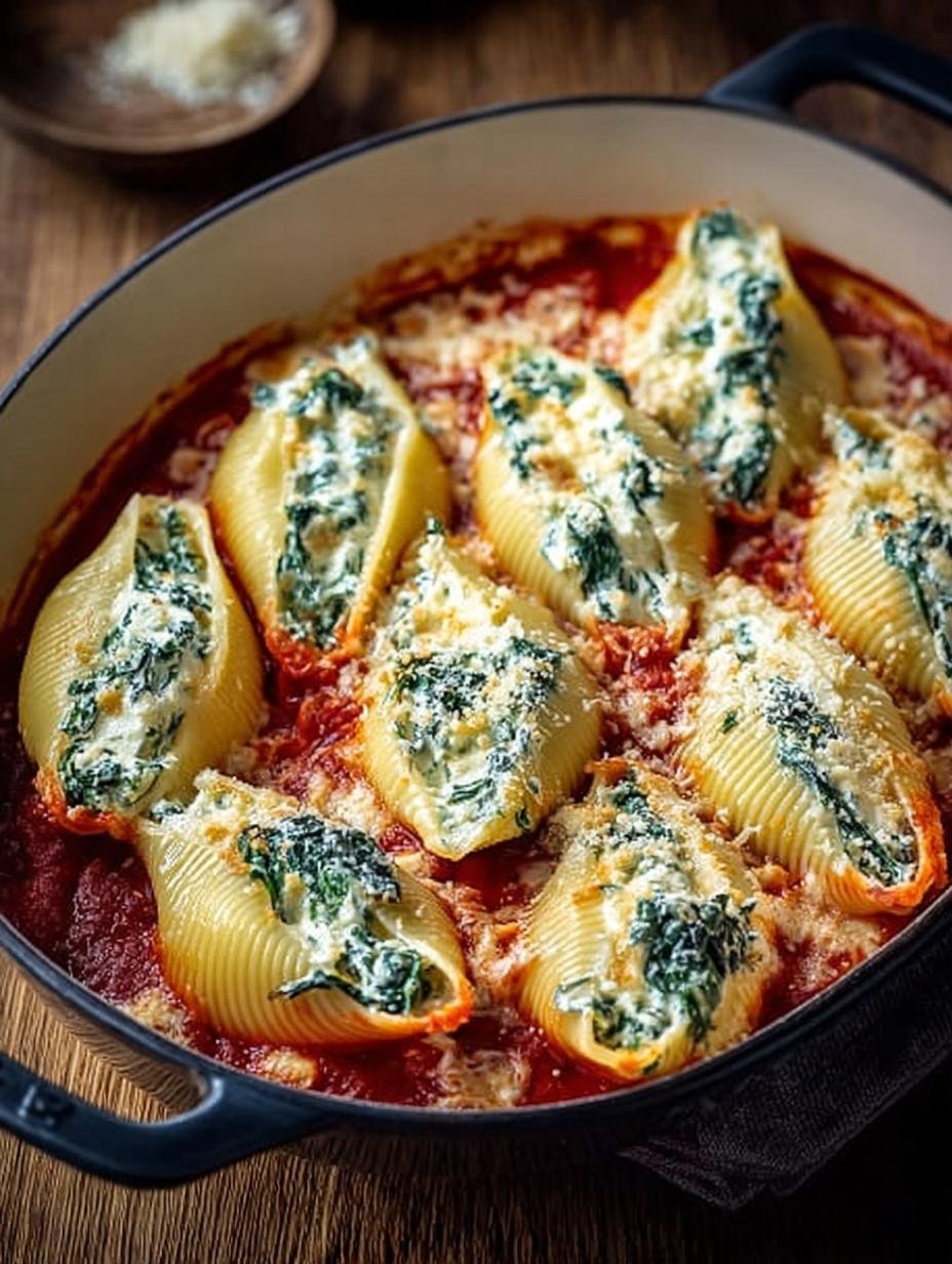 Coquilles farcies : 1 recette réconfortante 1 Gros plan de coquilles farcies épinards ricotta baignant dans une sauce tomate et gratinées au fromage.