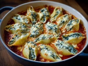 Gros plan de coquilles farcies épinards ricotta gratinées au fromage dans une sauce tomate.