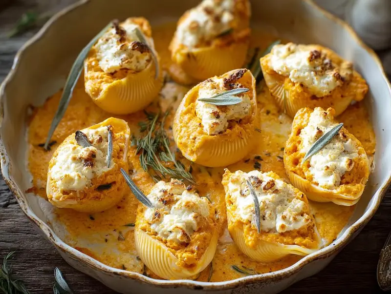Vue rapprochée de coquilles farcies potiron ricotta, garnies d'herbes fraîches.