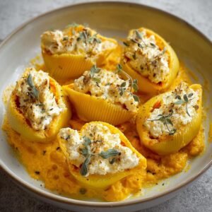 Gros plan sur des coquilles farcies potiron ricotta, garnies d'herbes fraîches et servies sur une purée orangée.
