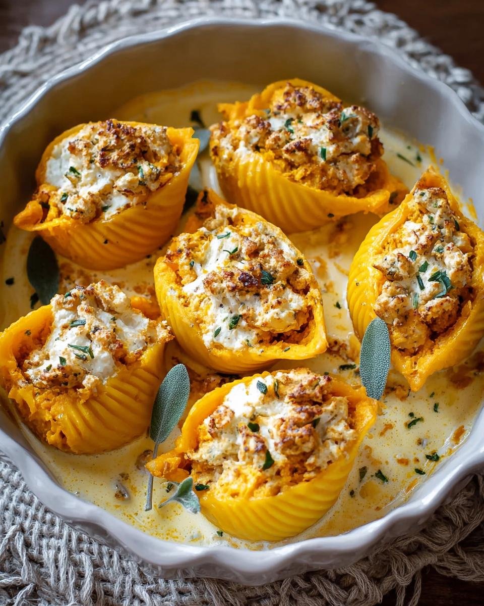 Gros plan sur des coquilles farcies potiron ricotta crémeuses et dorées, servies dans un plat blanc.