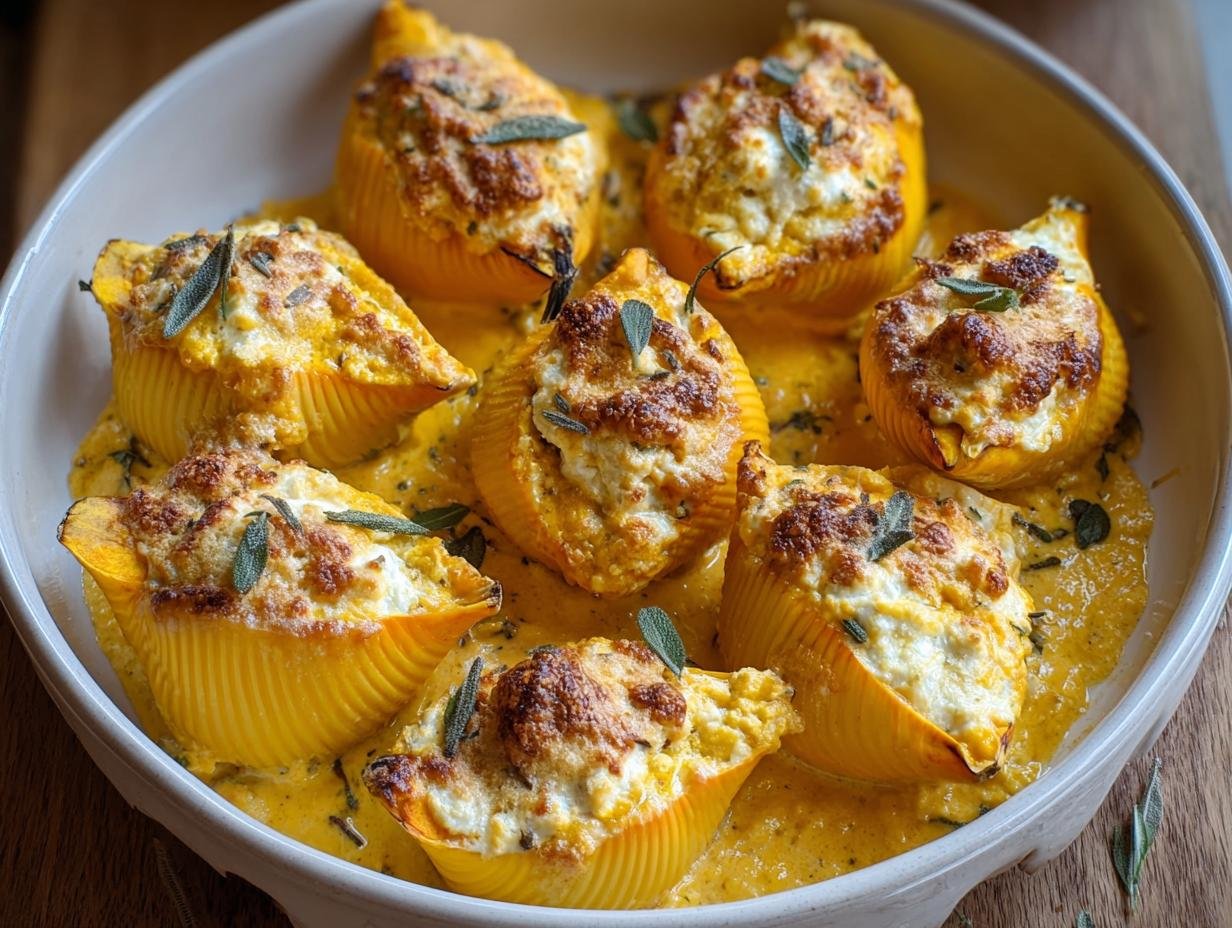 Coquilles farcies potiron ricotta gratinées, garnies de sauge fraîche.