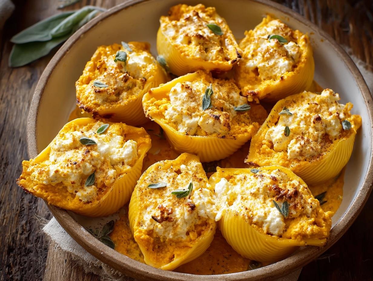 Gros plan sur des coquilles farcies potiron ricotta, garnies de feuilles de sauge.