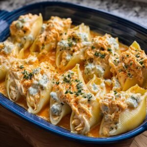 Gros plan sur des coquilles farcies au poulet Buffalo garnies de fromage bleu et de persil.
