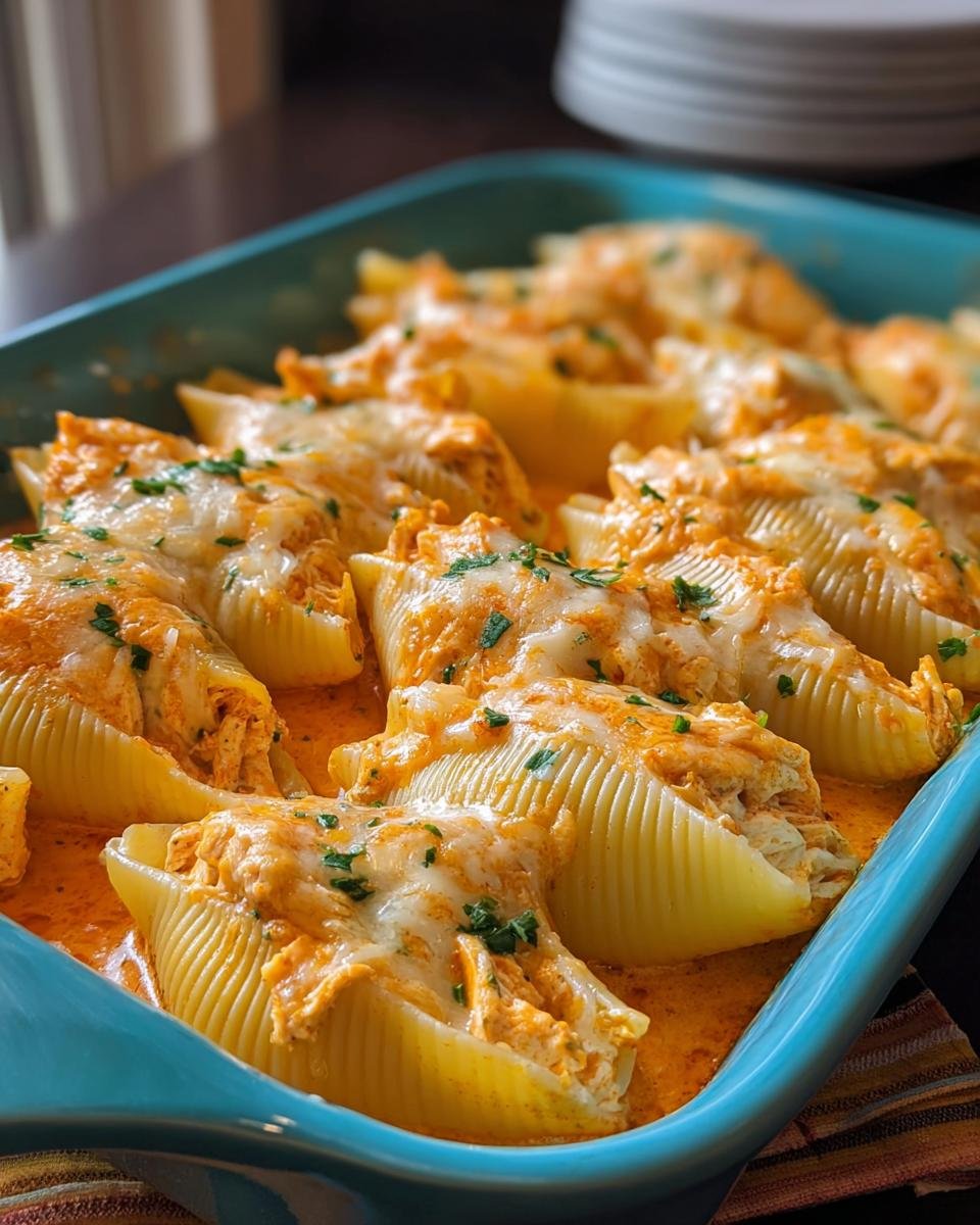 Coquilles Farcies Poulet Buffalo : 10 min à faire 2 Gros plan de coquilles farcies au poulet Buffalo, garnies de fromage fondu et de persil frais.