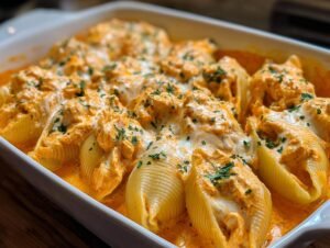 Gros plan de coquilles farcies au poulet Buffalo dans un plat de cuisson, nappées de sauce crémeuse et garnies de persil.