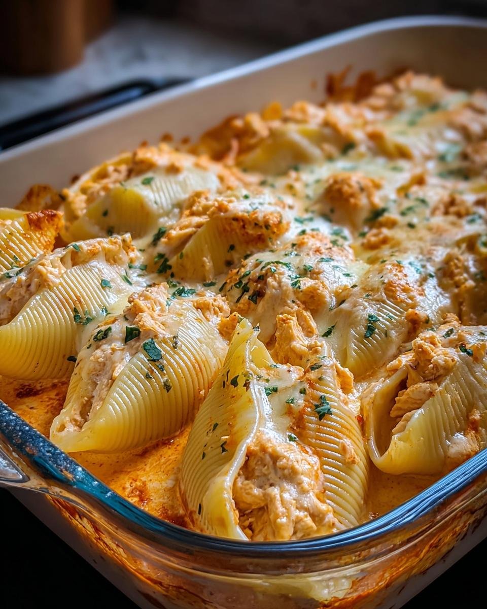 Coquilles Farcies Poulet Buffalo : 10 min à faire 4 Gros plan de coquilles farcies au poulet Buffalo gratinées au fromage et persil, dans un plat en verre.