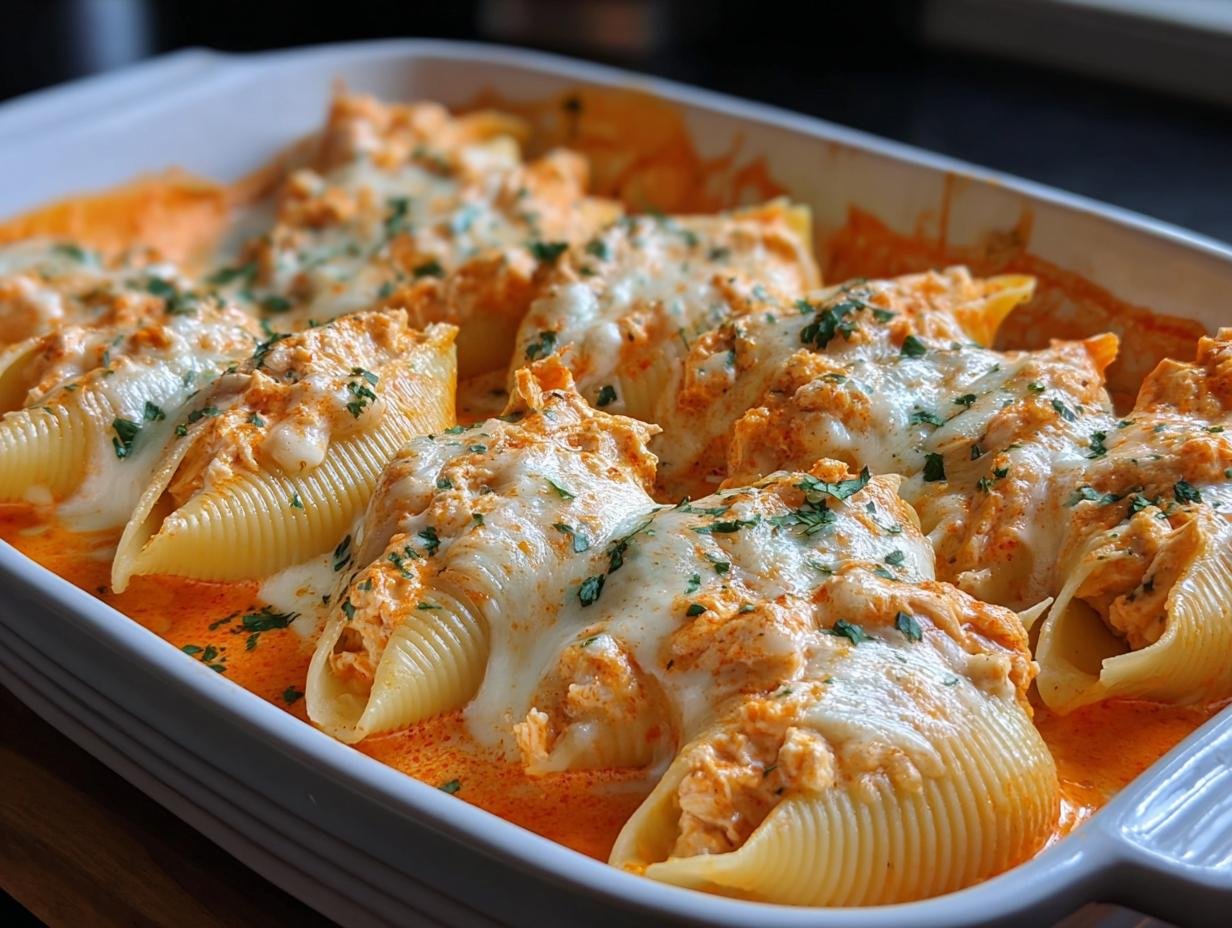 Coquilles Farcies Poulet Buffalo : 10 min à faire 3 Gros plan sur des coquilles farcies au poulet Buffalo, débordantes de fromage fondu et parsemées de persil.