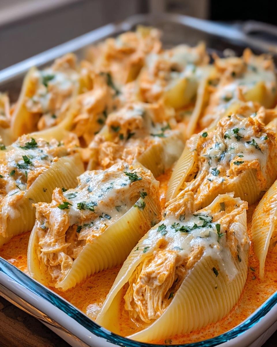 Coquilles Farcies Poulet Buffalo : 10 min à faire 1 Gros plan de coquilles de pâtes farcies au poulet Buffalo, nappées de sauce crémeuse et de fromage, garnies de persil.