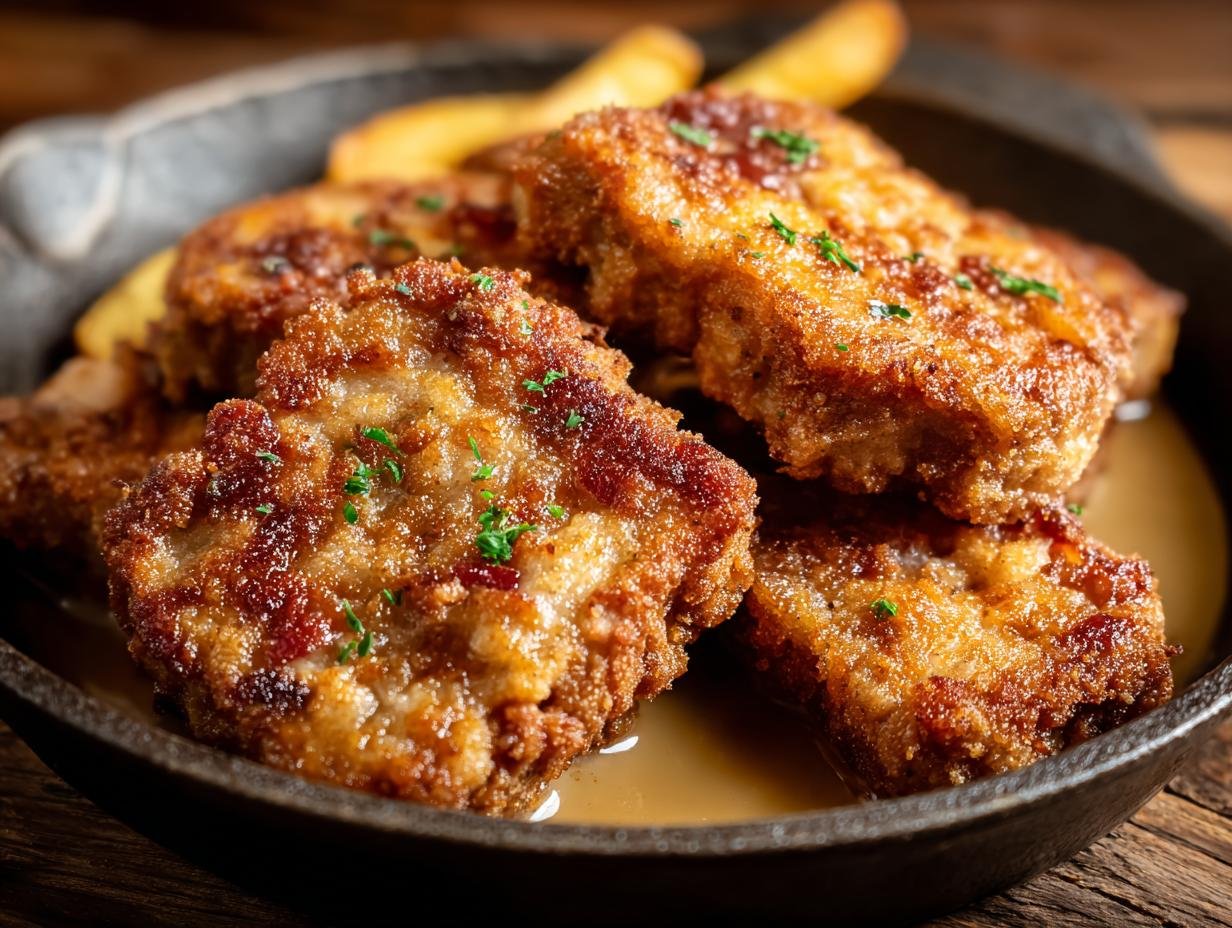 Gros plan sur des côtelettes de porc frites dorées et croustillantes, garnies de persil frais, servies avec des frites.