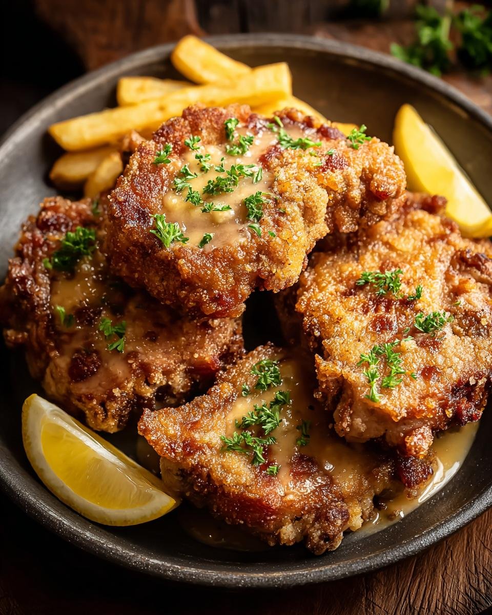 Gros plan de côtelettes de porc frites dorées et croustillantes, garnies de persil frais et servies avec des frites et un quartier de citron.