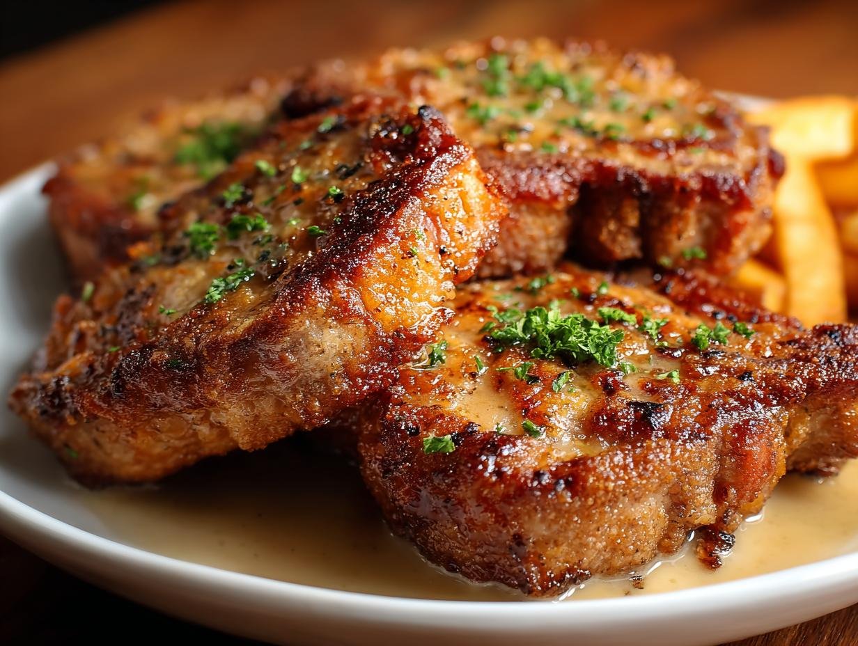 Gros plan sur des côtelettes de porc frites savoureuses, garnies de persil frais, servies dans une assiette.