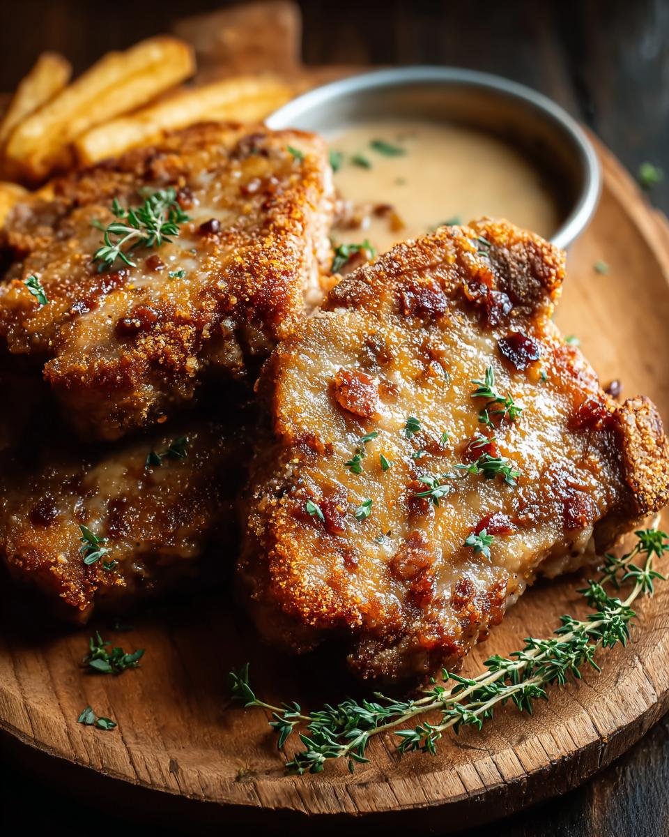 Gros plan sur des côtelettes de porc frites croustillantes, garnies de thym frais, avec des frites et une sauce en arrière-plan.