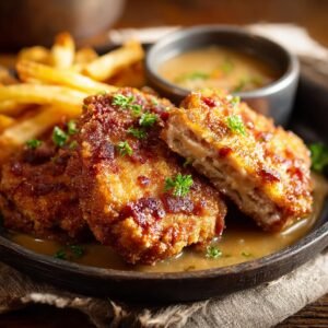 Côtelettes de porc frites : 4 secrets gourmands 5 Gros plan de côtelettes de porc frites dorées et croustillantes, servies avec des frites et une sauce onctueuse, garnies de persil frais.