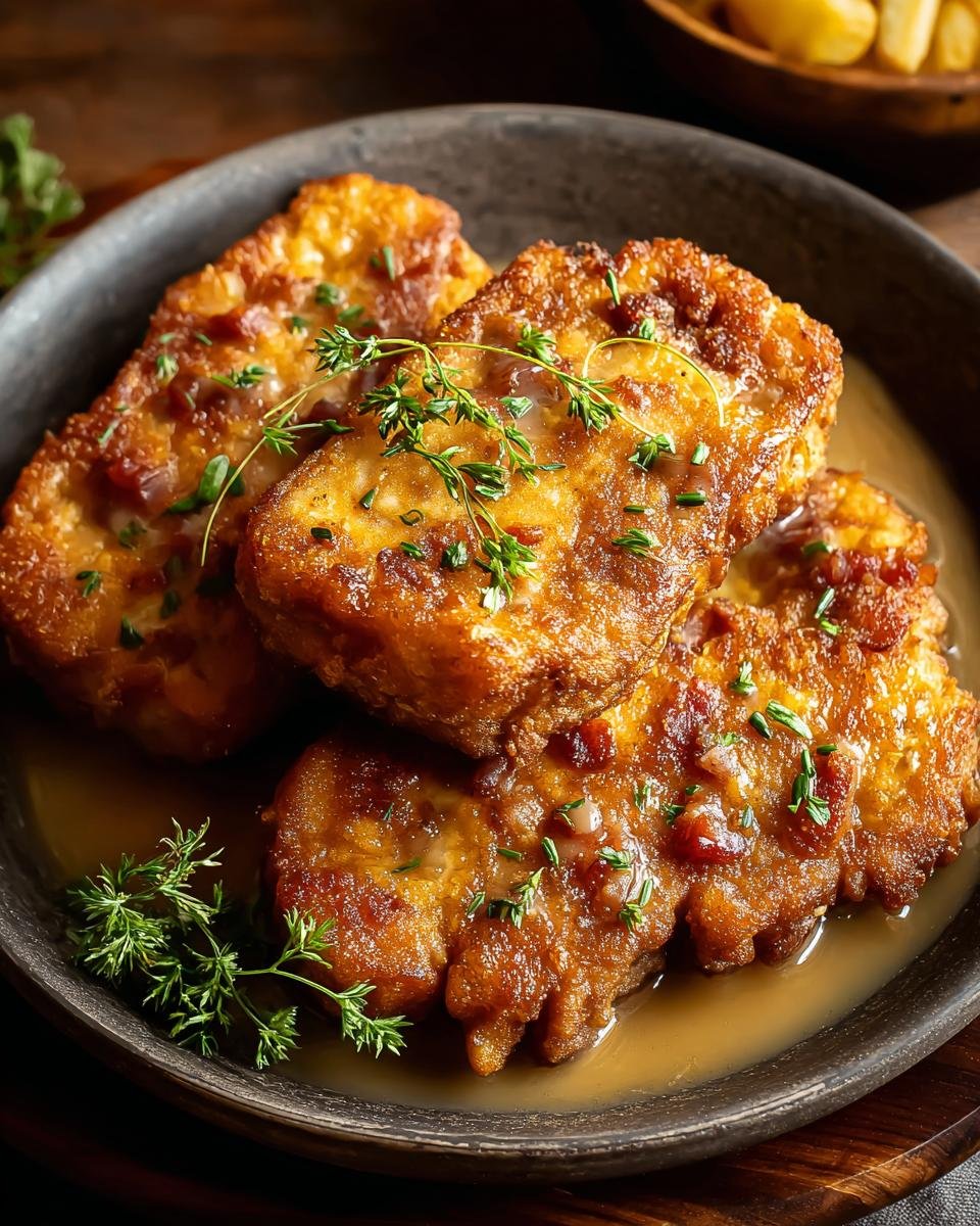Gros plan de côtelettes de porc frites servies dans une sauce, garnies de thym frais.