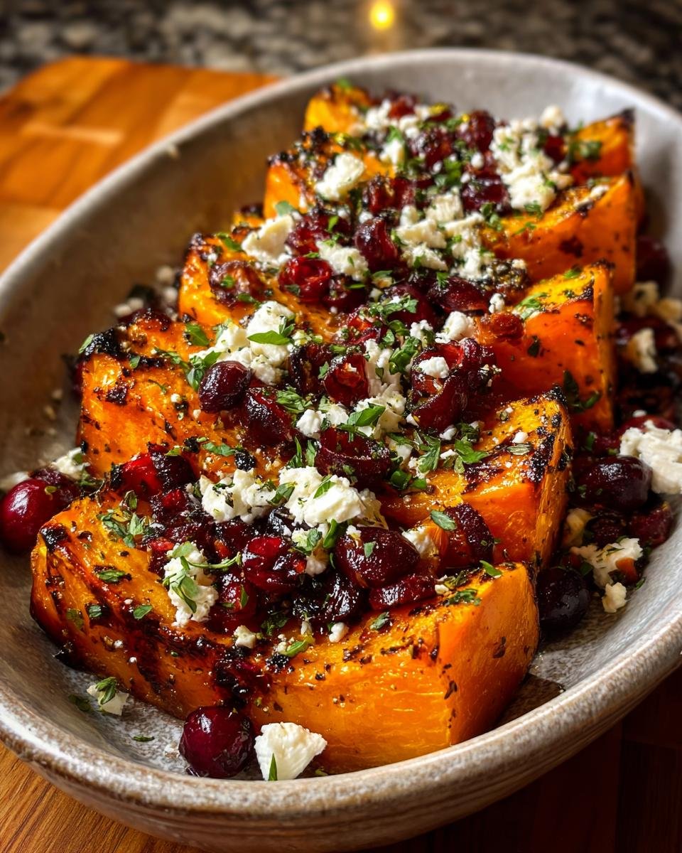 Courge Butternut Rôtie : 4 saveurs irrésistibles 3 Quatre tranches de courge butternut rôtie garnies de feta émiettée, de canneberges et de persil frais.