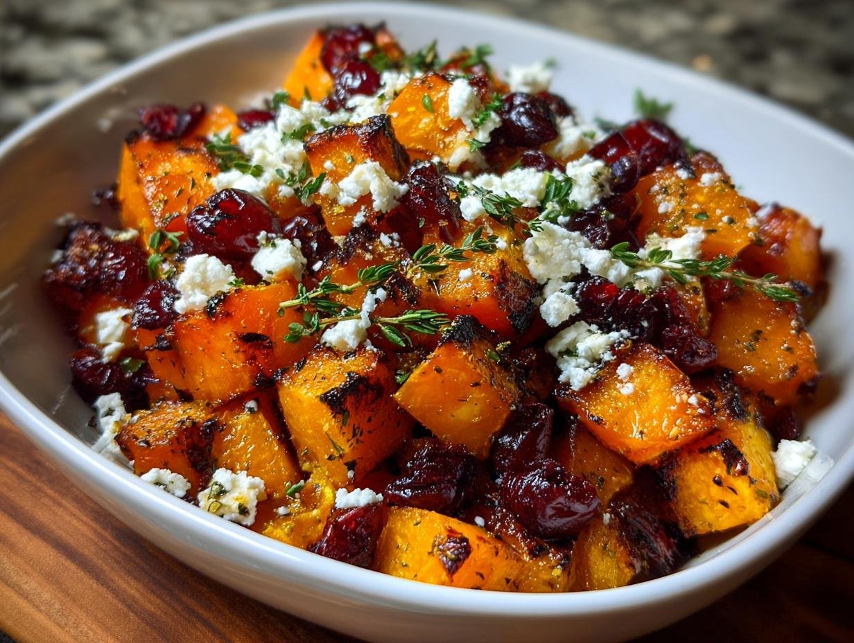 Courge Butternut Rôtie : 4 saveurs irrésistibles 1 Gros plan de courge butternut rôtie, parsemée de feta émiettée et de canneberges séchées, garnie de thym frais.