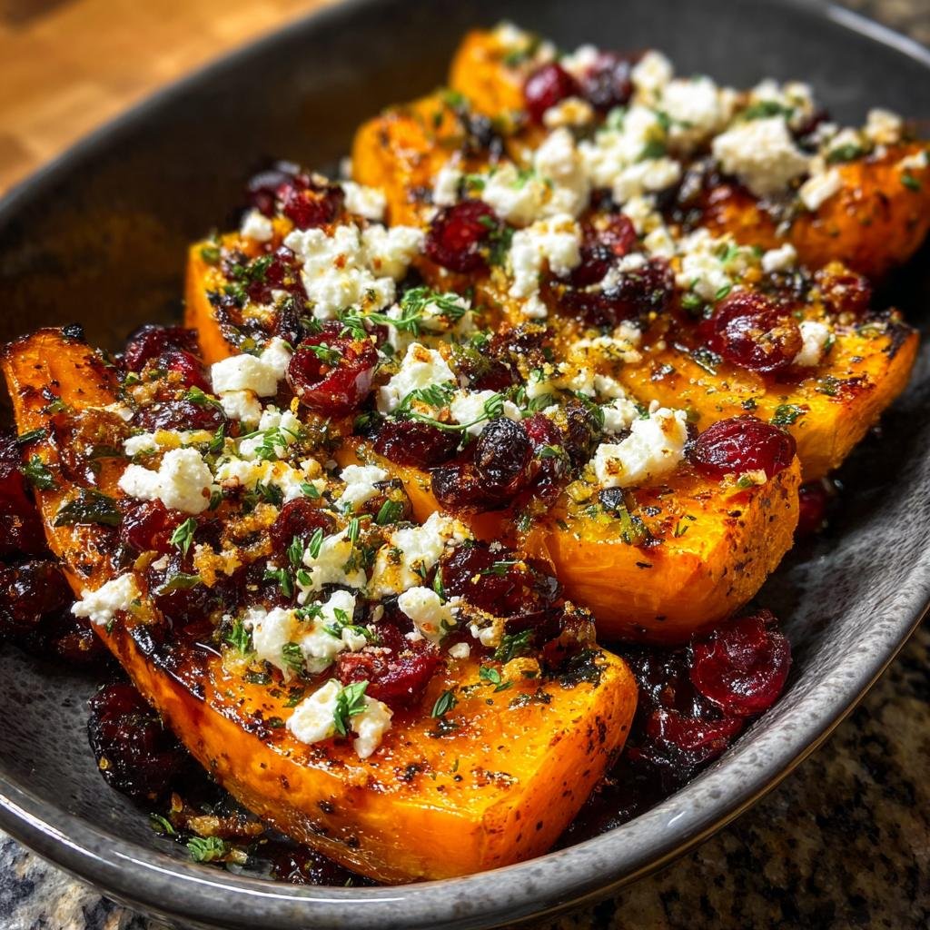 Courge Butternut Rôtie : 4 saveurs irrésistibles 2 Gros plan de courge butternut rôtie garnie de feta émiettée, de canneberges et de persil haché.