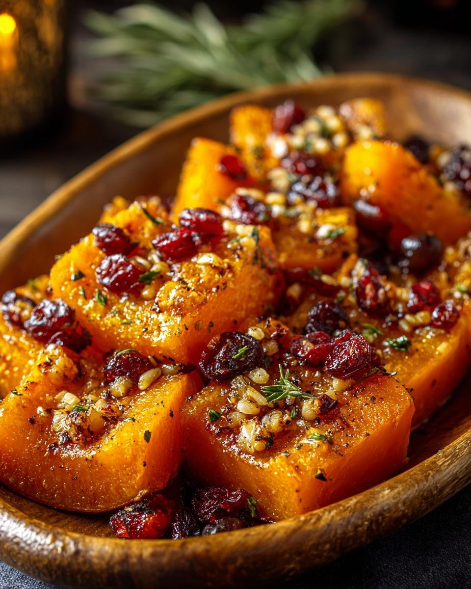 Gros plan de morceaux de courge butternut rôtie au miel, garnie de canneberges séchées et de noix.