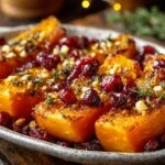 Gros plan sur des morceaux de courge butternut rôtie au miel, garnie de canneberges séchées et de noix.