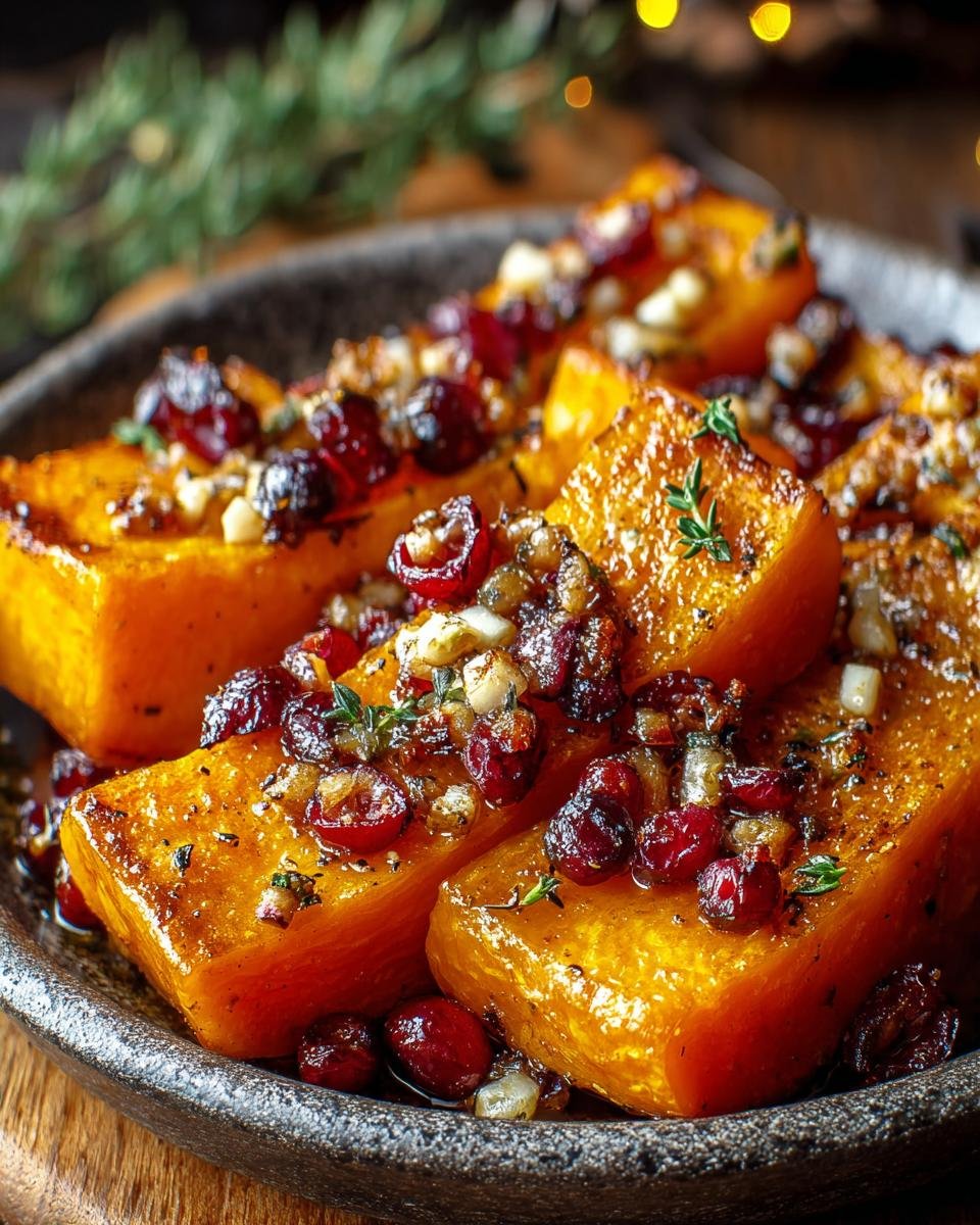 Gros plan de courge butternut rôtie au miel garnie de cranberries et d'herbes fraîches.