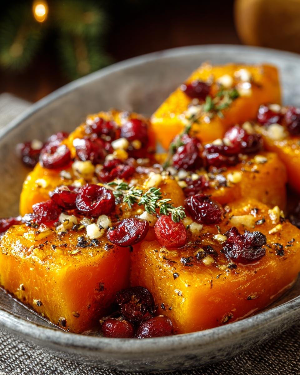 Gros plan de morceaux de courge butternut rôtie au miel, garnie de cranberries séchées, d'ail et de thym.