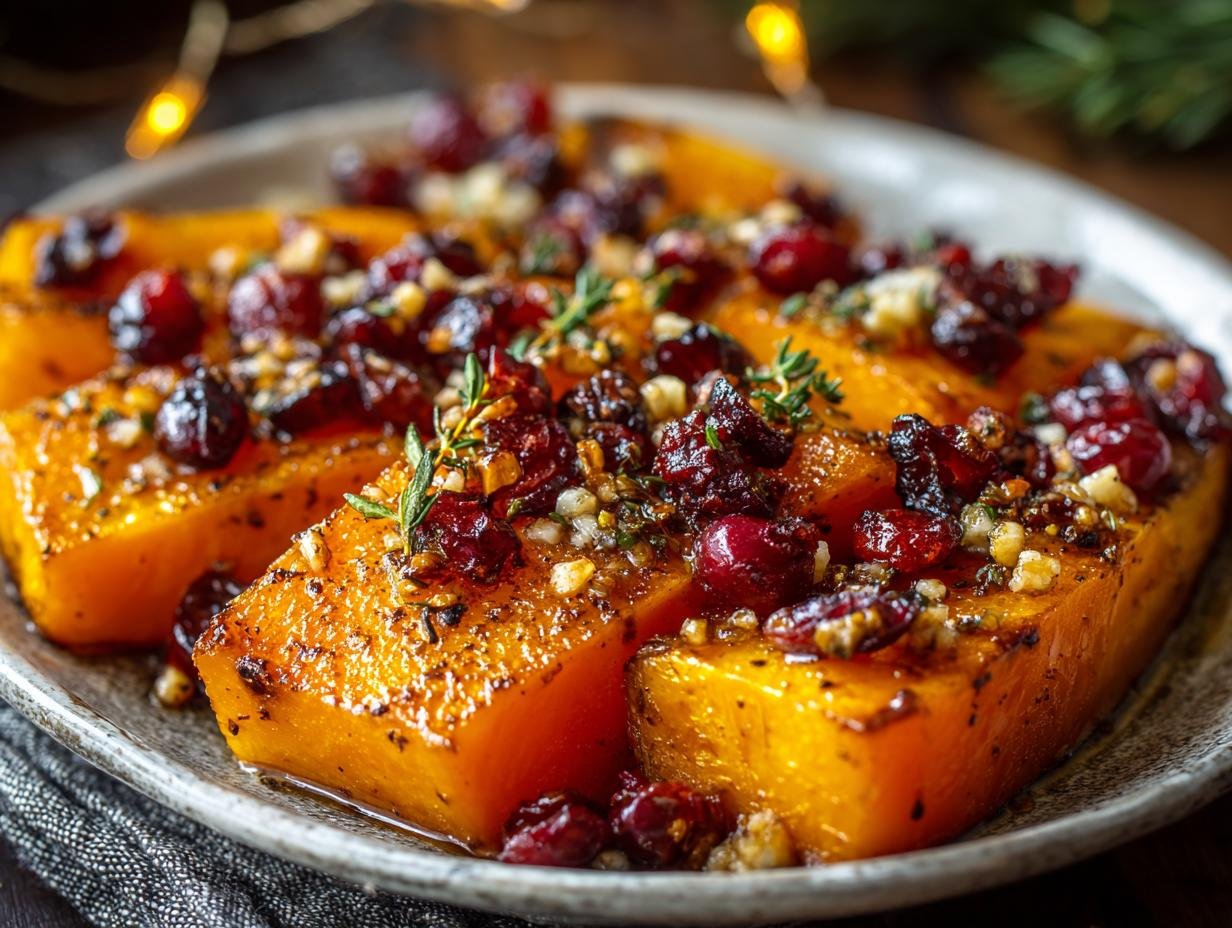 Gros plan de morceaux de courge butternut rôtie au miel, garnie de canneberges séchées, de noix et de thym.