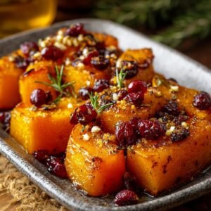 Courge Butternut Rôtie au Miel : un délice automnal 5 Gros plan de dés de courge butternut rôtie au miel, garnie de canneberges séchées et de romarin.