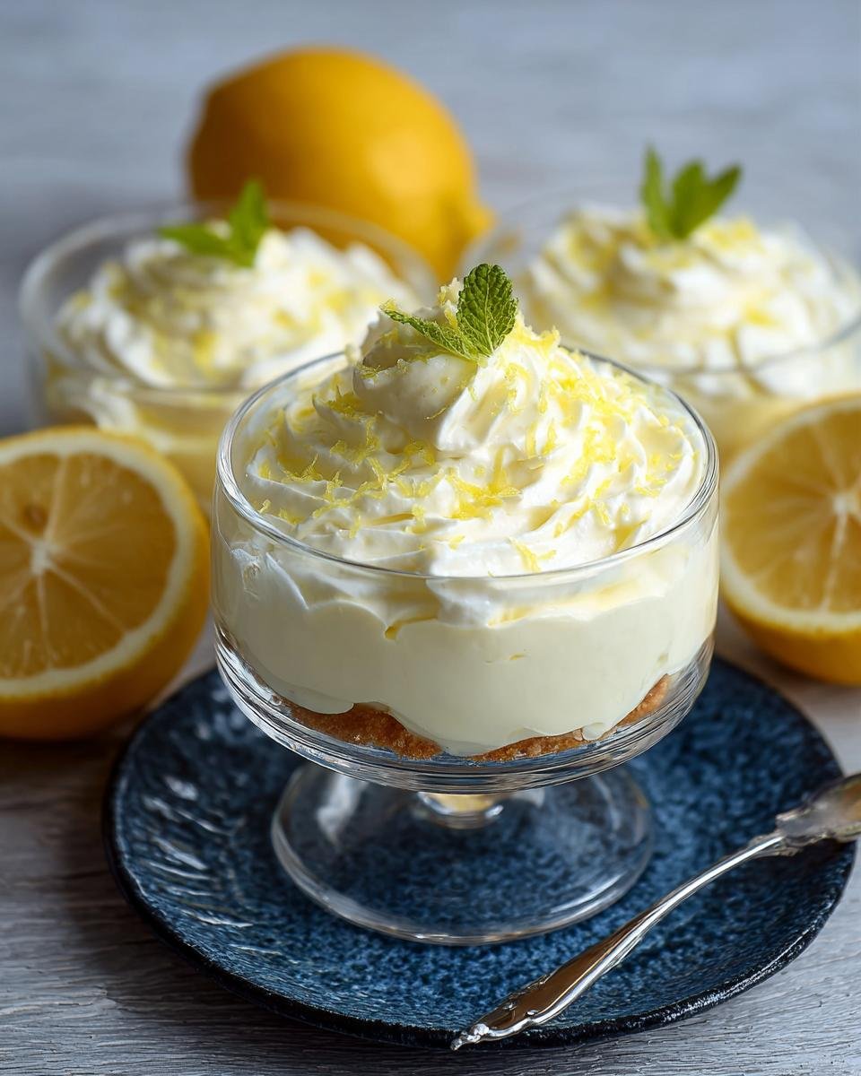 Crème Mascarpone au Citron : 1 délice frais 4 Gros plan d'une crème mascarpone au citron dans un verre, garnie de zeste de citron et de menthe.