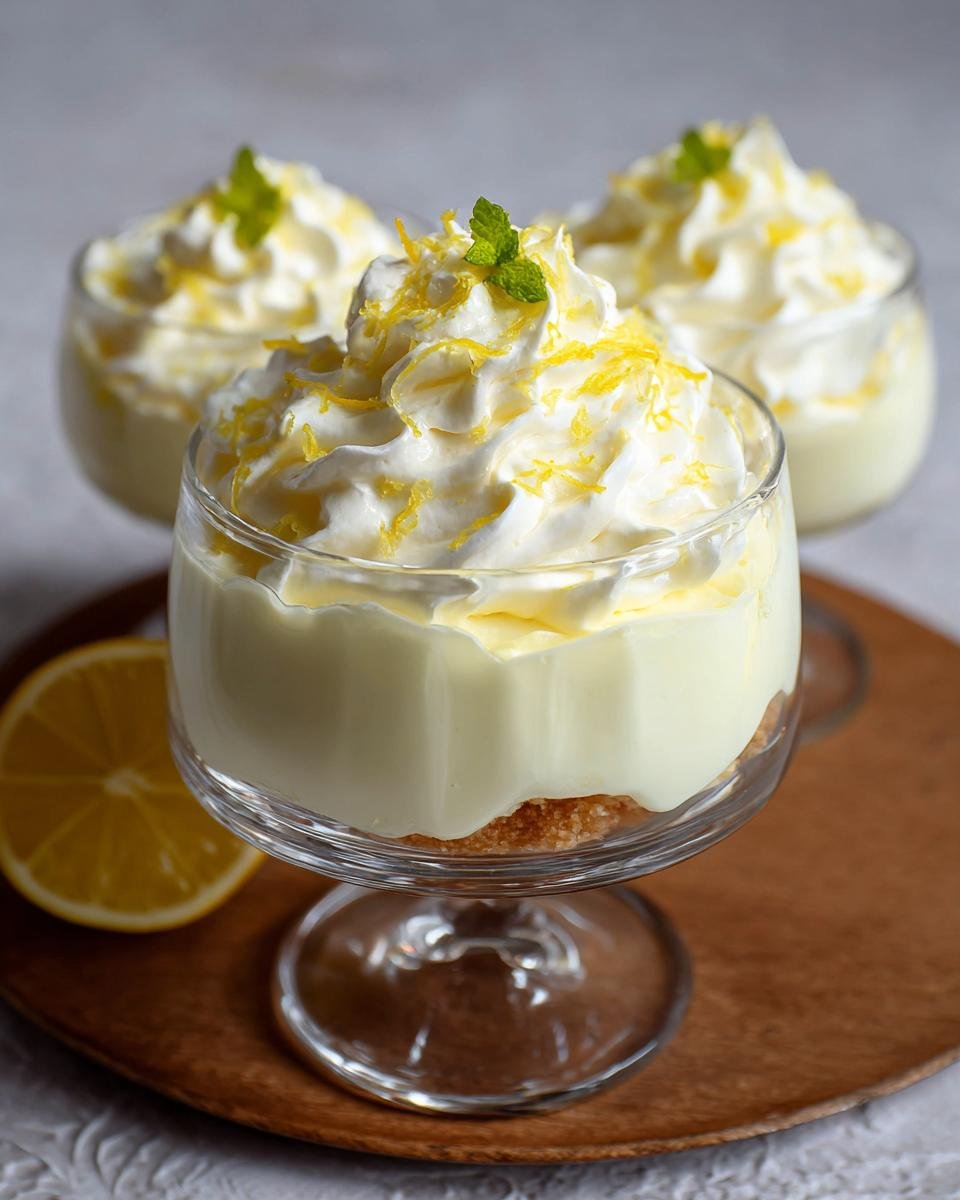 Crème Mascarpone au Citron : 1 délice frais 2 Trois verrines de crème mascarpone au citron garnies de chantilly, zeste de citron et menthe.
