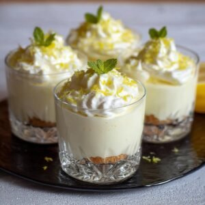 Quatre verrines de crème mascarpone au citron, garnies de chantilly, zeste de citron et menthe.