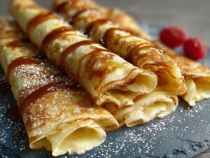Gros plan sur des crêpes faciles au mixeur roulées et nappées de caramel, saupoudrées de sucre glace.