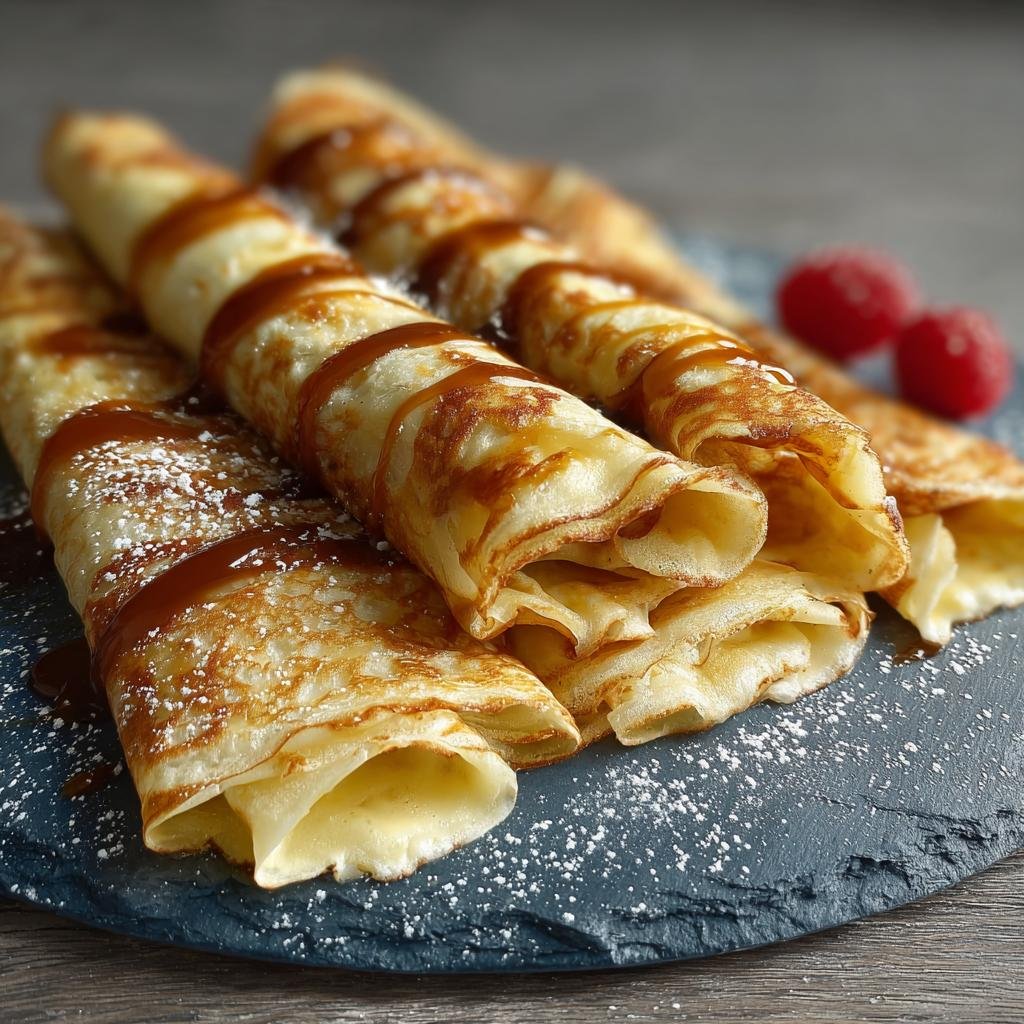 Gros plan sur des crêpes faciles au mixeur roulées et nappées de caramel, saupoudrées de sucre glace.