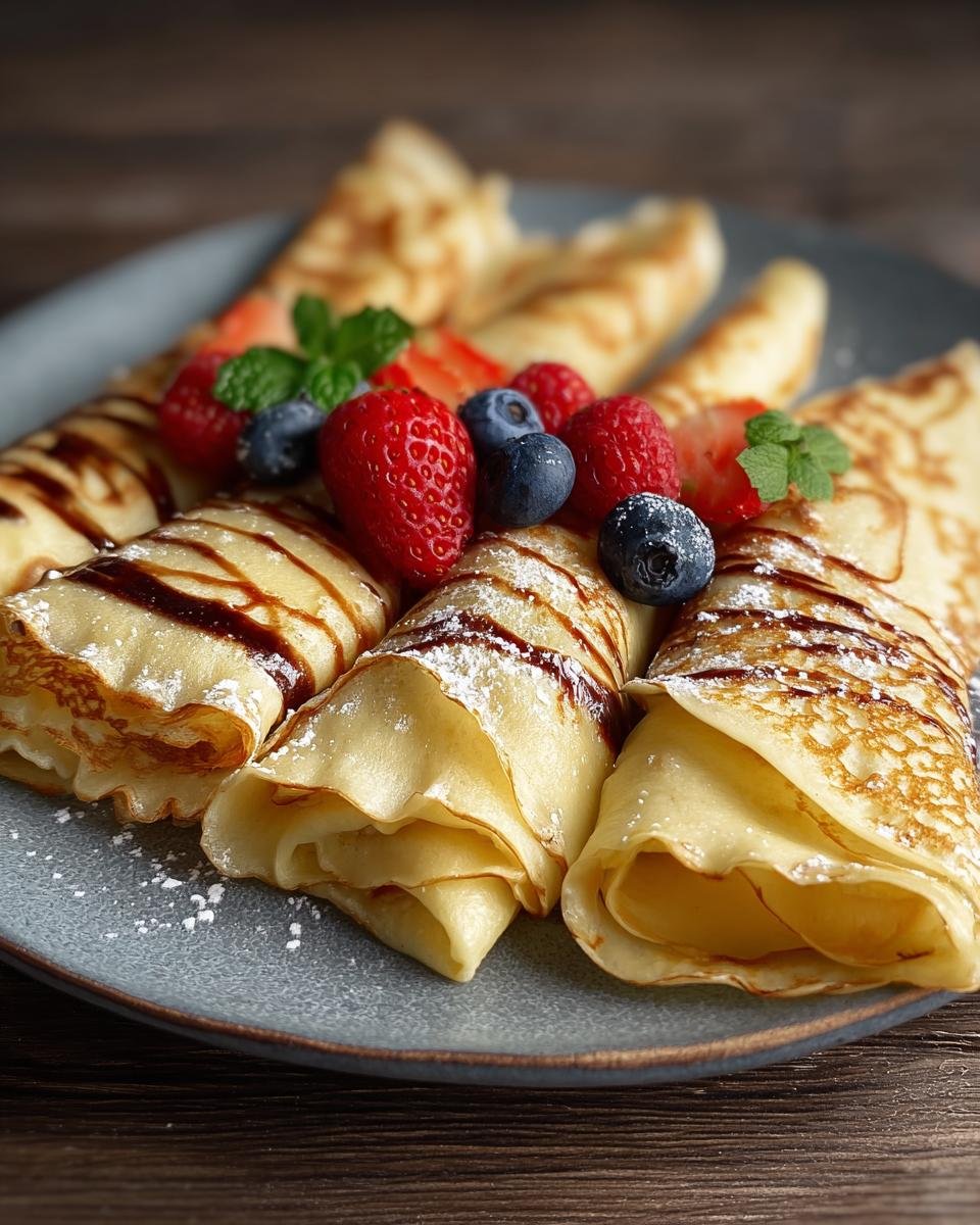 Gros plan de crêpes faciles au mixeur roulées, garnies de fruits rouges, myrtilles, sauce chocolat et sucre glace.