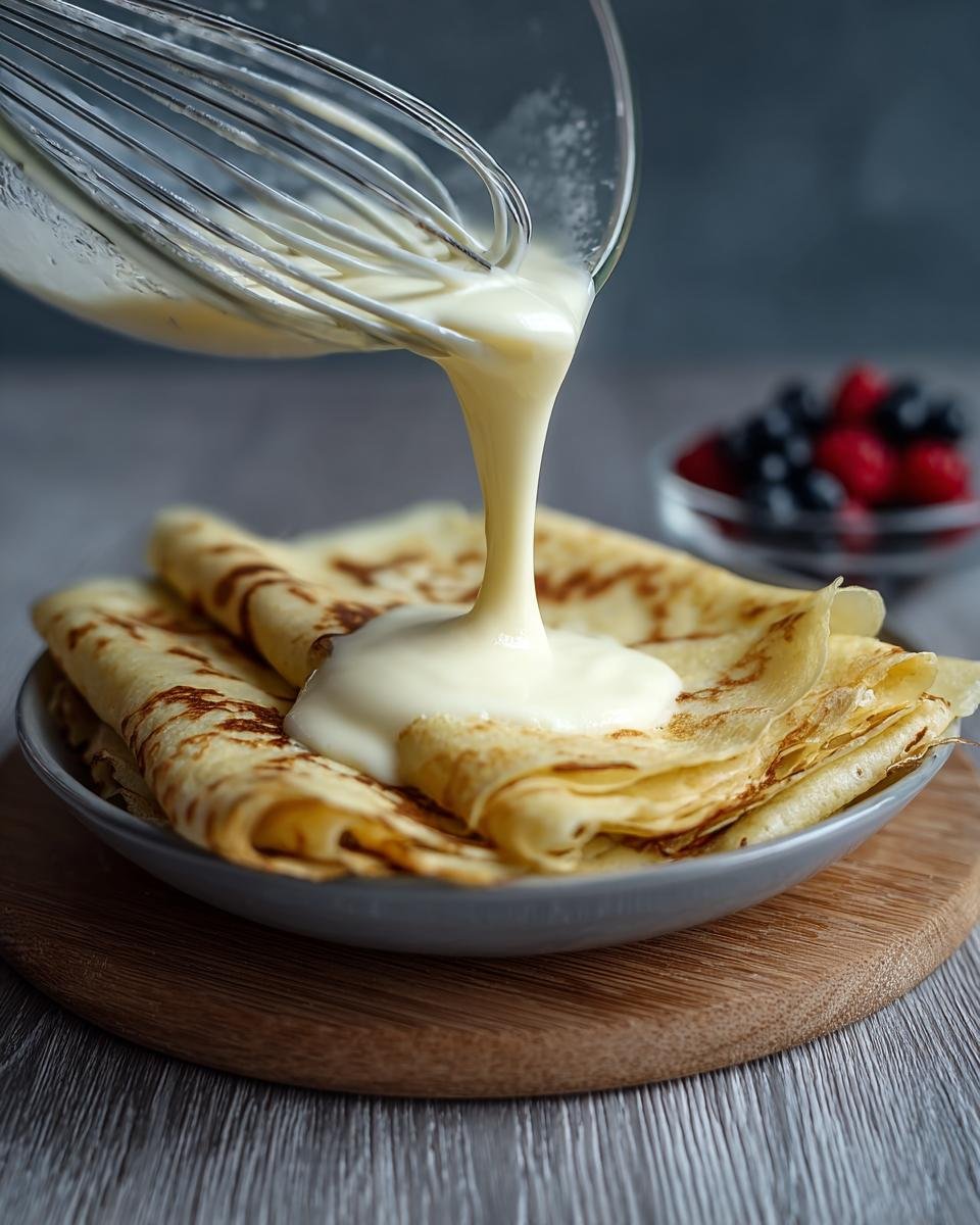 Gros plan de crêpes faciles au mixeur garnies d'une sauce crémeuse, avec des baies en arrière-plan.