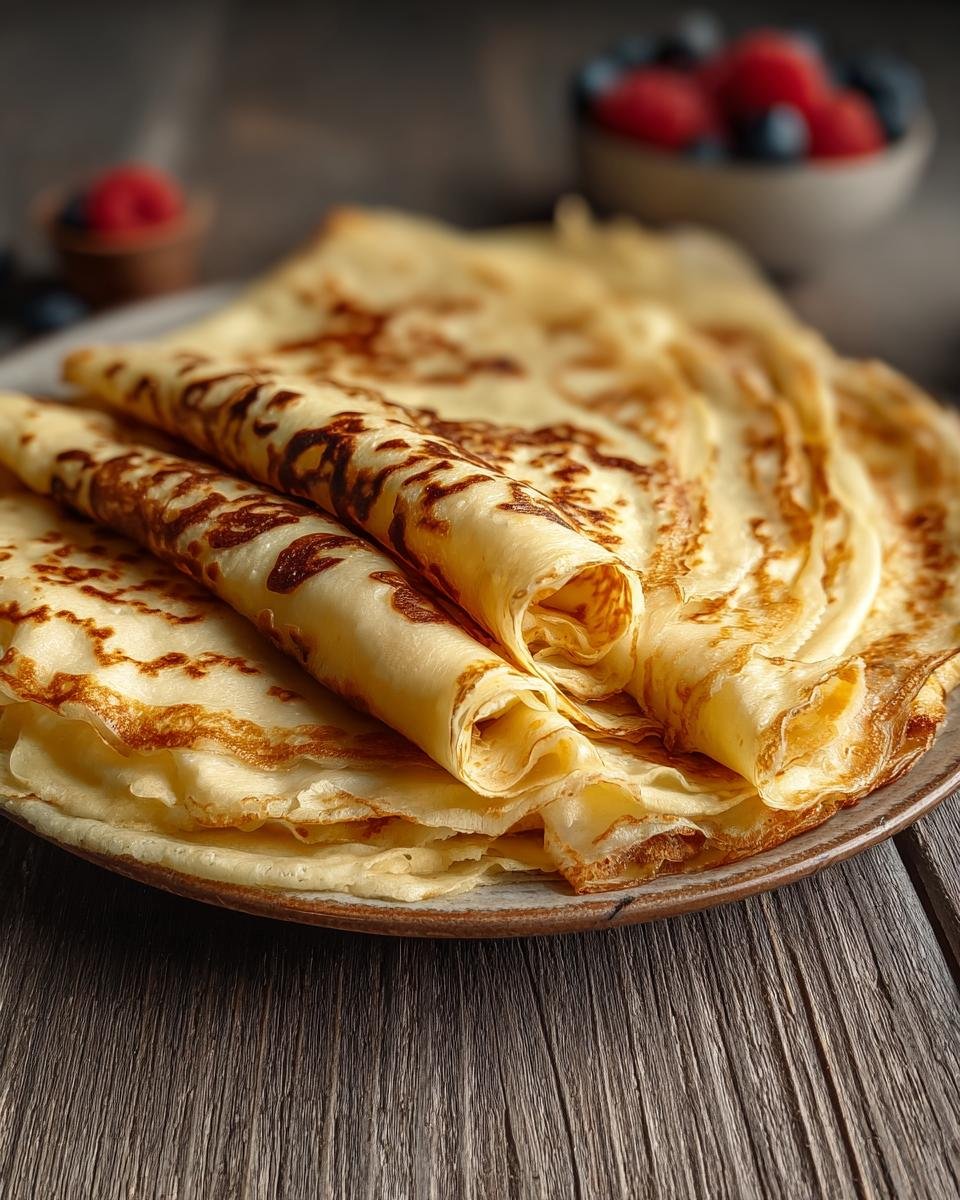 Gros plan sur une pile de crêpes faciles au mixeur, dorées et légèrement roulées, sur une assiette.
