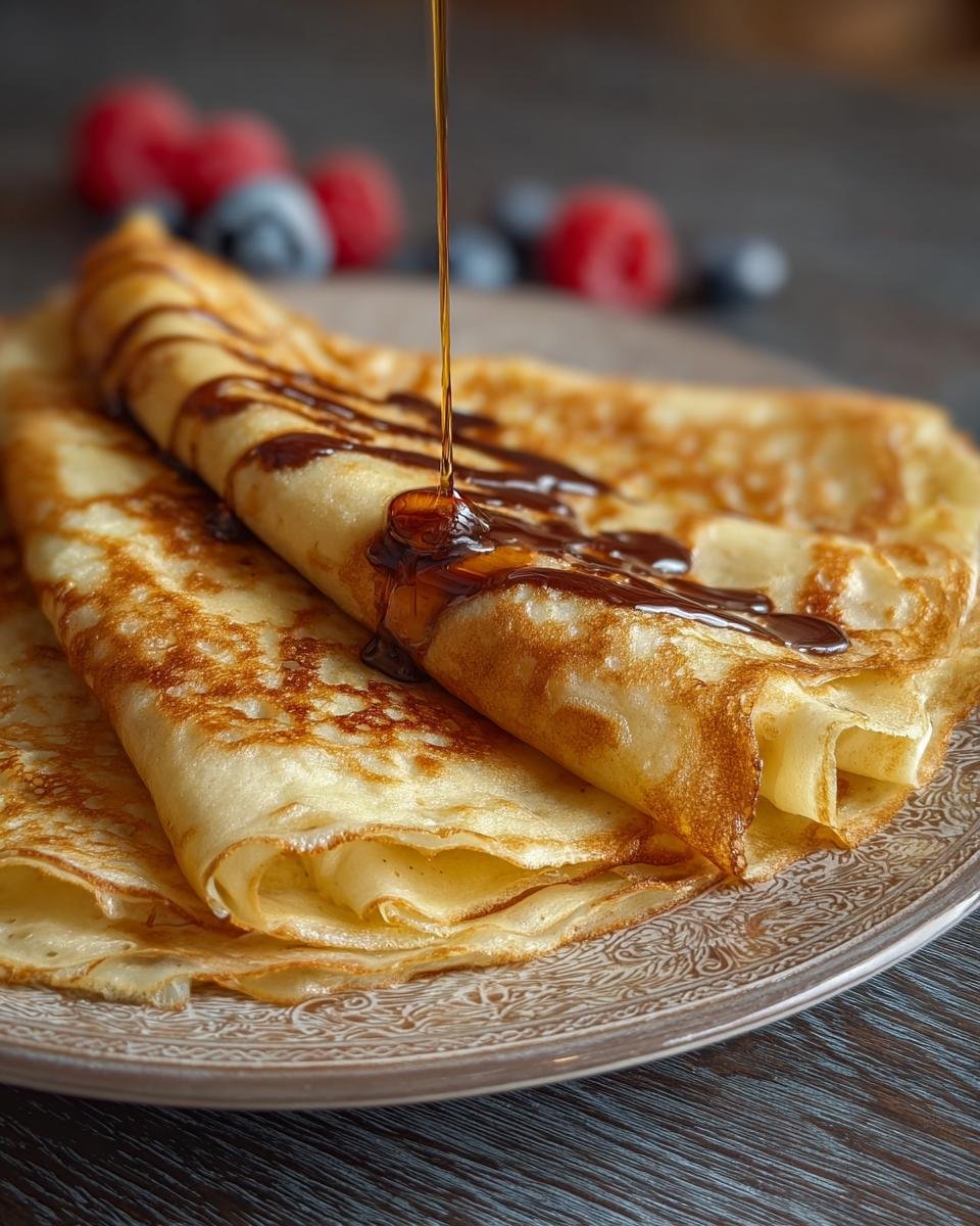 Gros plan de crêpes faciles au mixeur, nappées de sirop et garnies de fruits rouges.