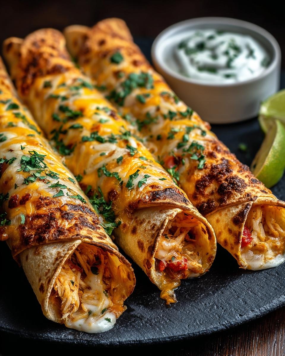Gros plan sur des croustillants taquitos au poulet garnis de fromage fondu et de persil frais, servis avec de la crème et du citron vert.